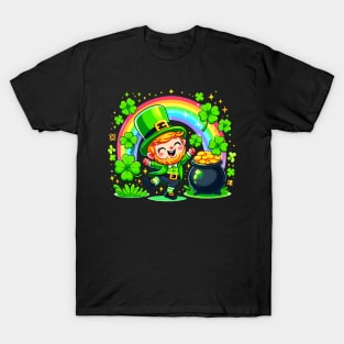 A cute Irish Lad dancing an Irish jig celebrates St Patrick's Day with a rainbow pot of gold and shamrocks Irish Pride Irish American four leaf clovers Irish dance T-Shirt